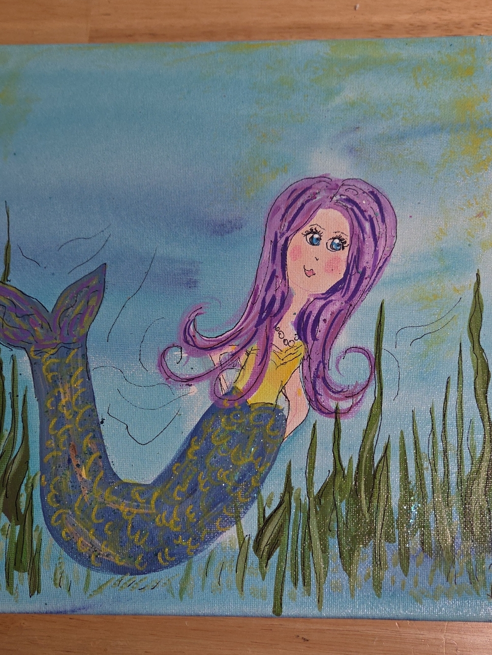 Hand-Painted Mermaid Folk Art  12x12 Canvas